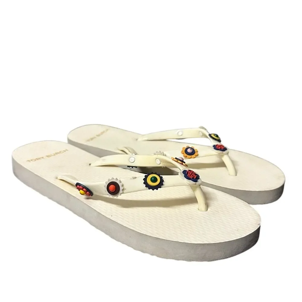 Tory Burch Marguerite Embellished Flower Flip Flops Ivory Size 5 Pool Sandals